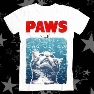 Paws Parody Cat Shark T-Shirt – Funny Vintage Movie Spoof Tee – Retro Ocean